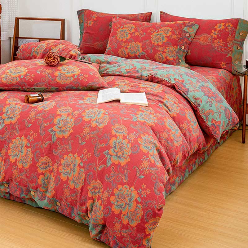 Flower Print Red Cotton Bedding Sets(4PCS)