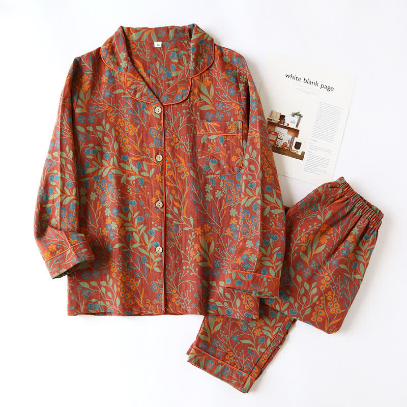 Vintage Leaf Cotton Lapel Loungewear Set