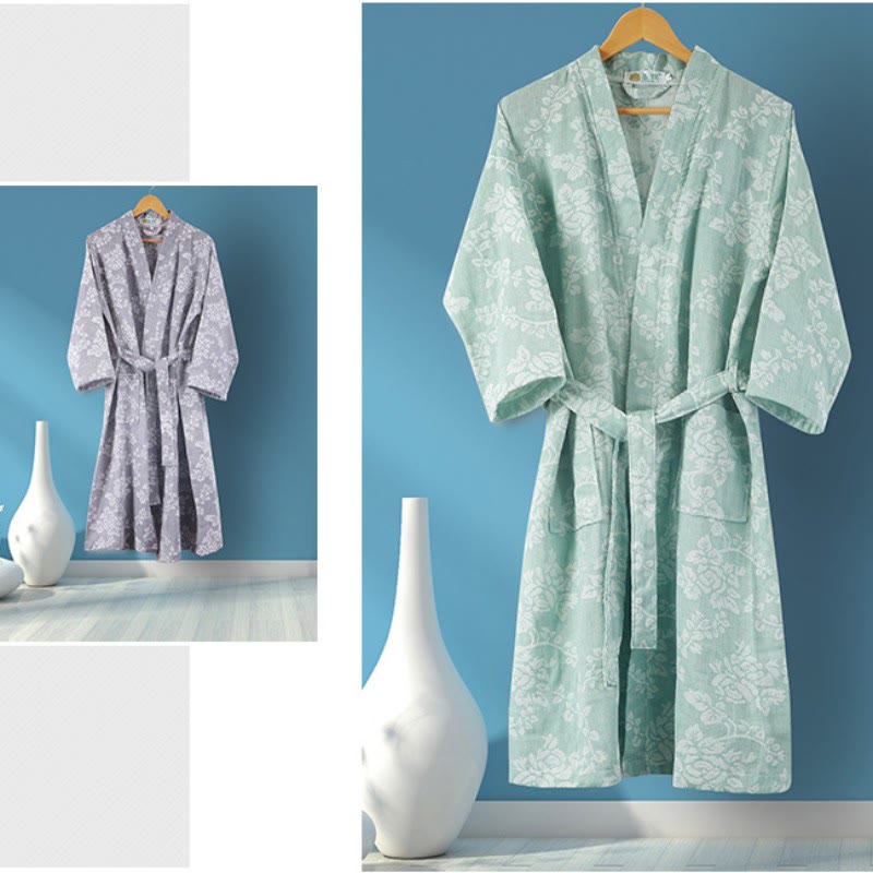 Flower Cotton V-neck Bathrobe with Tie