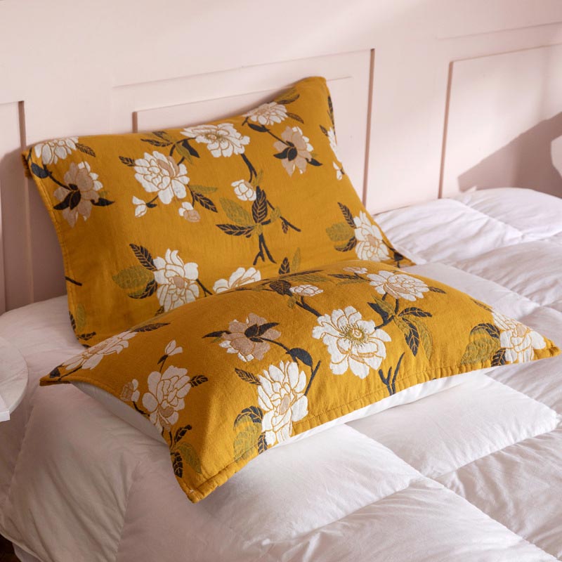 Yellow Flower Cotton Gauze Pillow Towel (2PCS)